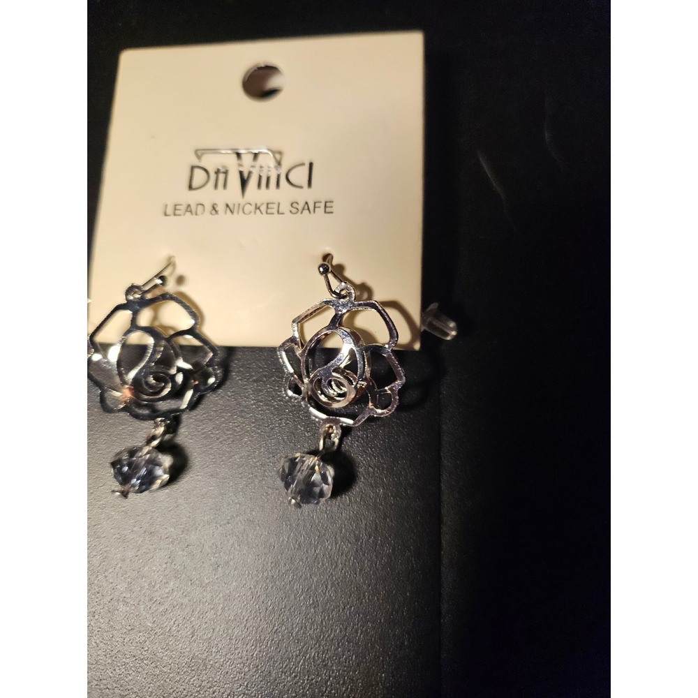 DaVinci Silver Tone Rose Drop Earrings Clear Crystal Dangle Lead & Nickel Safe